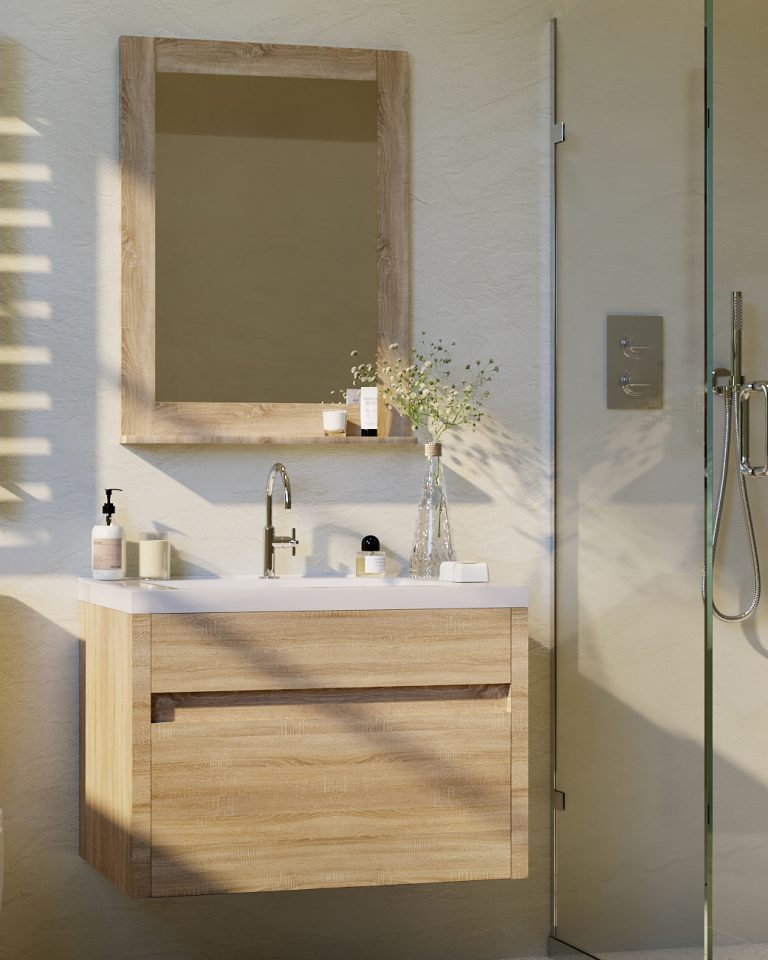 Alexandra wall hung bathroom vanity in White Oak