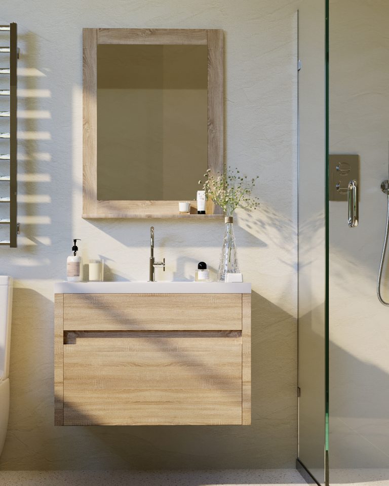 Alexandra wall hung bathroom vanity in White Oak