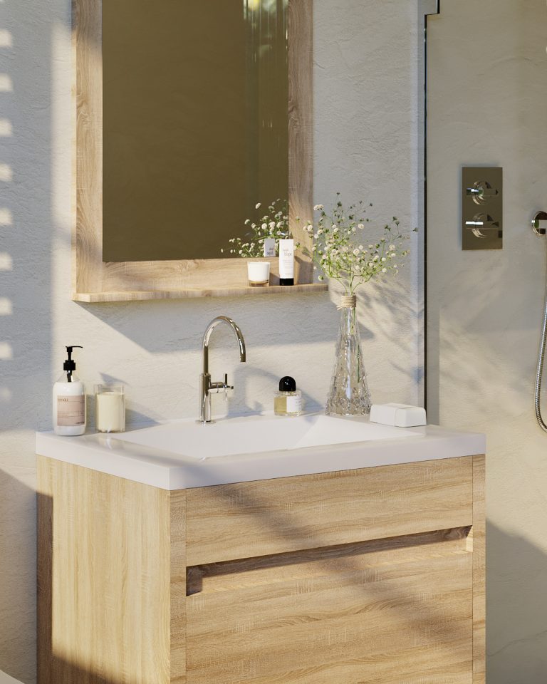 Alexandra wall hung bathroom vanity in White Oak